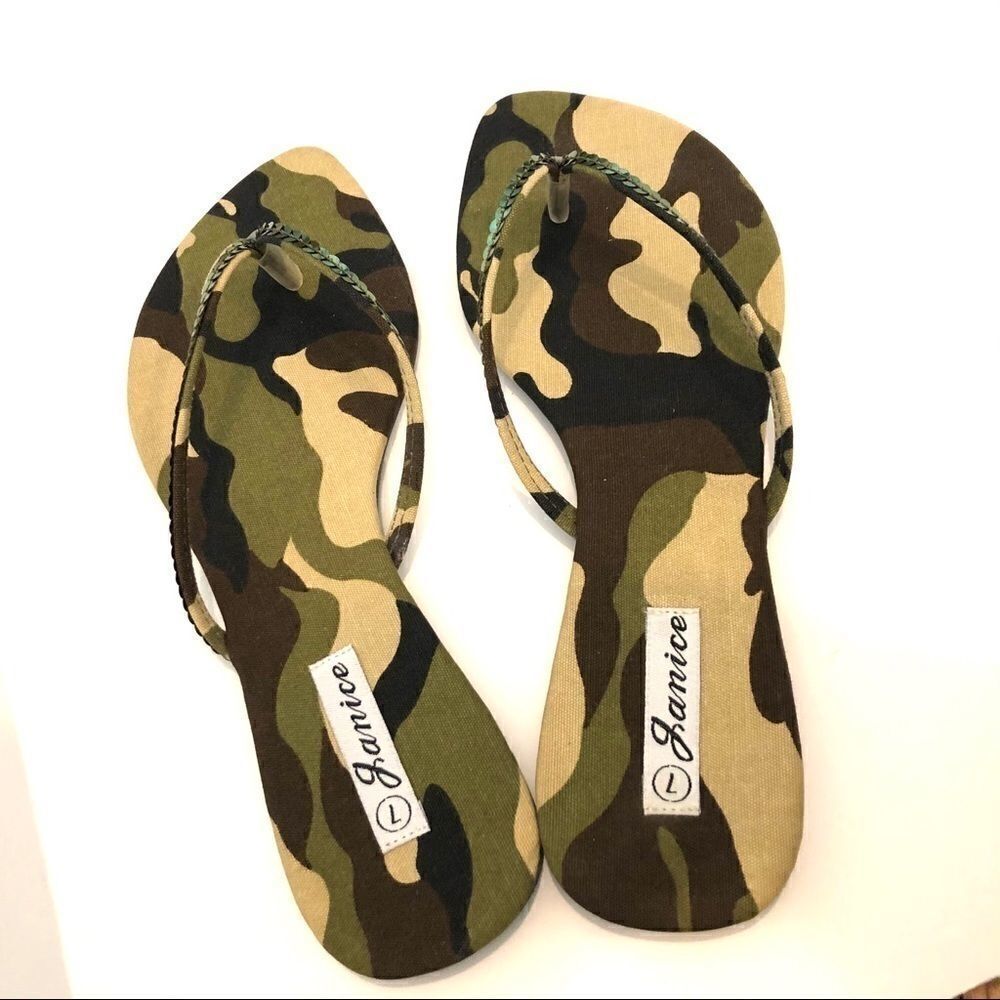 Camouflage camo green olive sequin sandals thongs NEW NIB NWT flip flops 6.5 - Picture 12 of 12